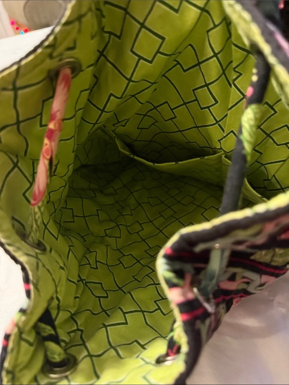 Vera Bradley Botanica Pattern Floral Drawstring Bucket Bag in Black,Pink & Green